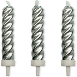 Silver Twist Candles with Holders, Pack of 10