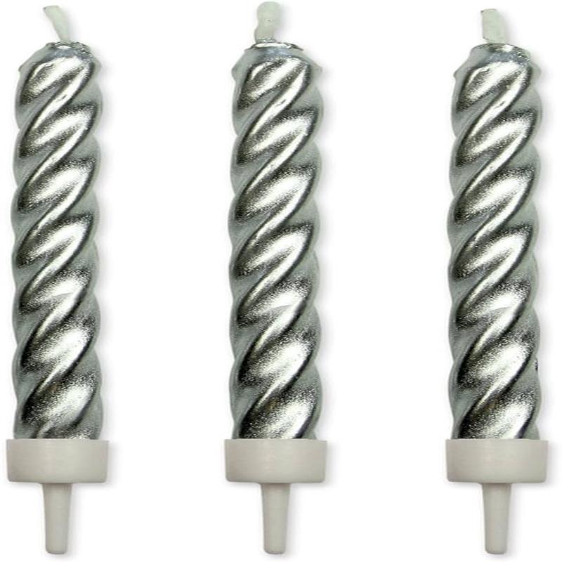 Silver Twist Candles with Holders, Pack of 10
