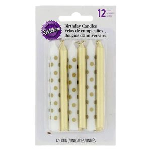Gold and White Polka Dot Candles, Pack of 12