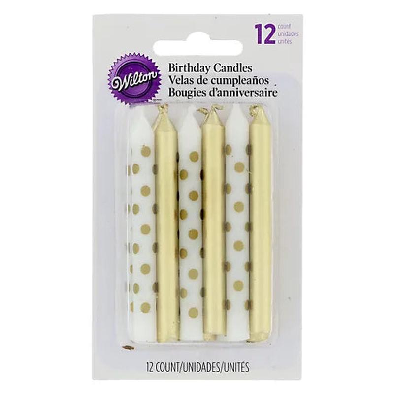 Gold and White Polka Dot Candles, Pack of 12