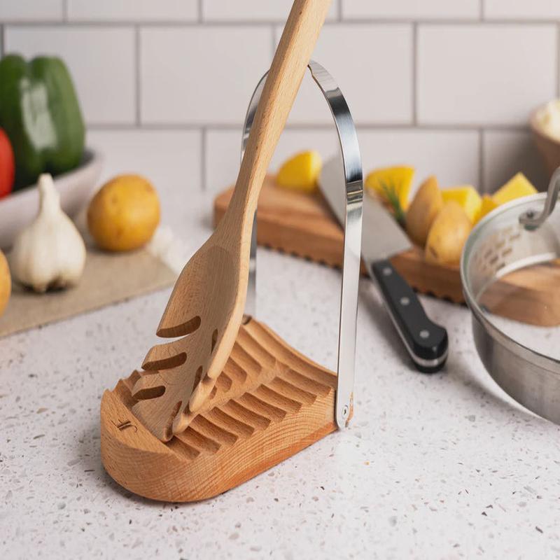Foldable Spoon Rest & Pot Lid Holder | Beechwood & Stainless Steel