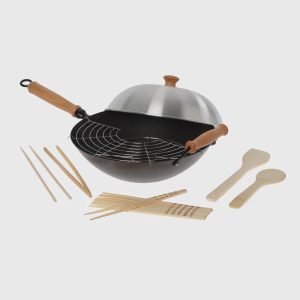 Professional Series 14-Inch Carbon Steel Excalibur Nonstick Flat Bottom Wok Set with Lid and Maple Handles, 10 Pieces