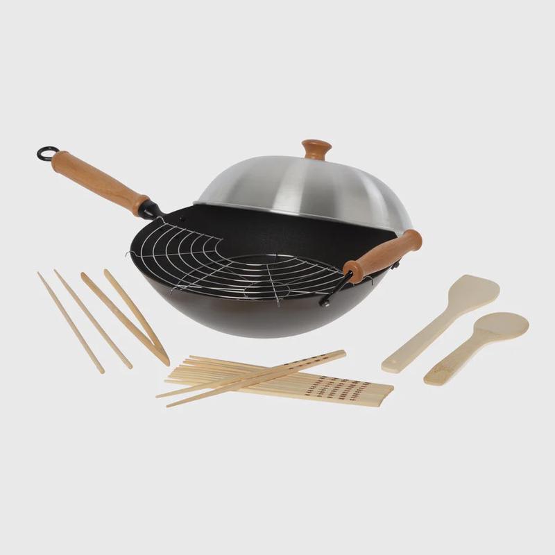 Professional Series 14-Inch Carbon Steel Excalibur Nonstick Flat Bottom Wok Set with Lid and Maple Handles, 10 Pieces
