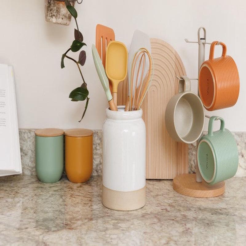 Idilica Stoneware Utensil Holder, Cream