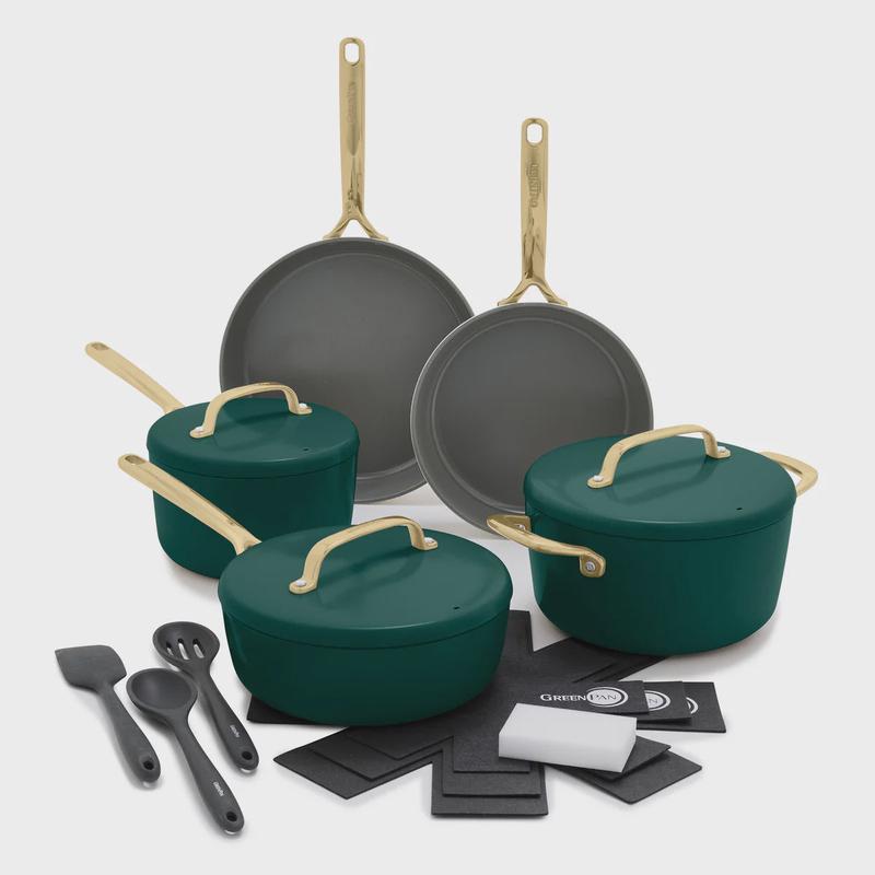GP5 Ceramic Nonstick 11-Piece Cookware Set with Champagne Handles | Rain Forest Green
