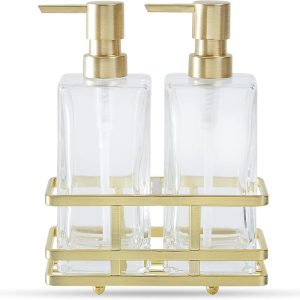 Square Glass Soap Dispenser Sat with Rack