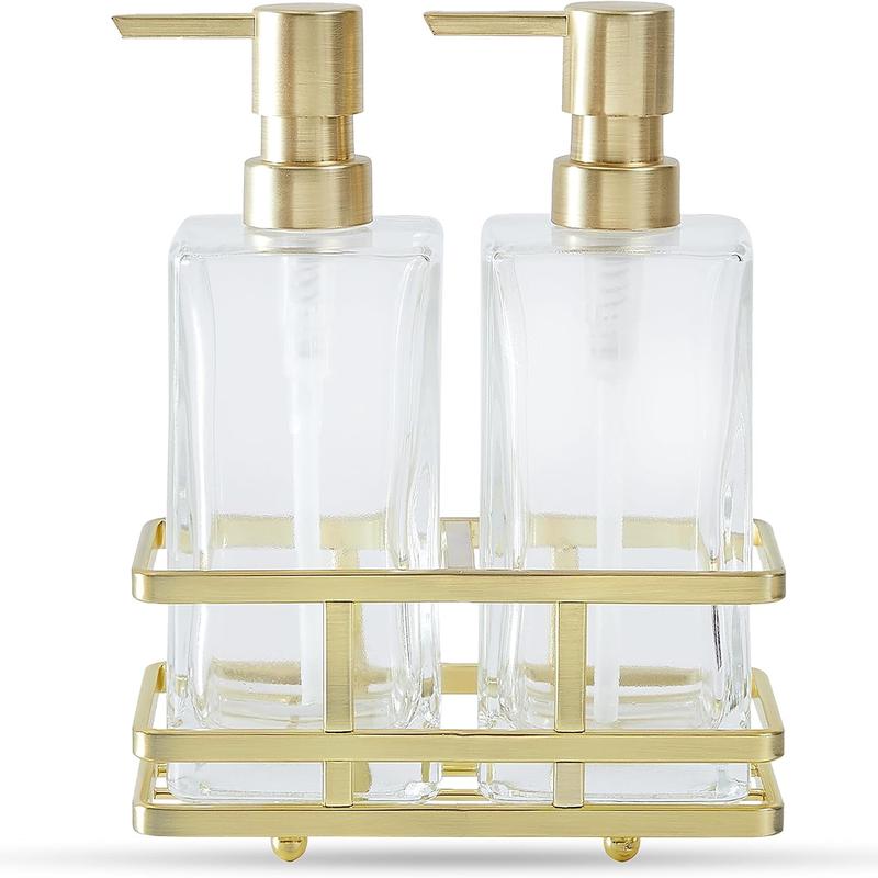 Square Glass Soap Dispenser Sat with Rack