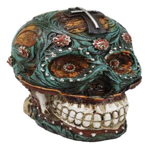 Faux Leather Turquoise Floral Scrollwork with Layered Cross Skull Money Bank