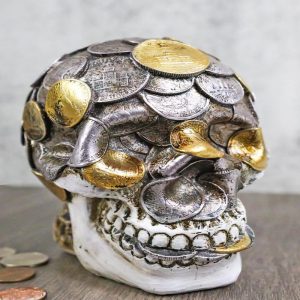 Metallurgy Currency Silver and Gold Coins Skull Face Money Coin Bank Figurine