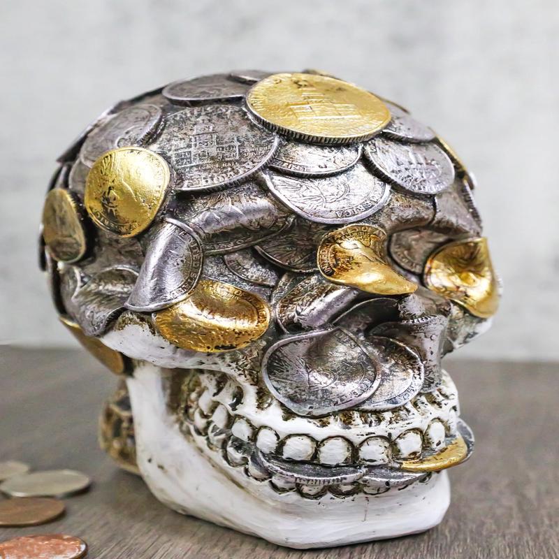 Metallurgy Currency Silver and Gold Coins Skull Face Money Coin Bank Figurine