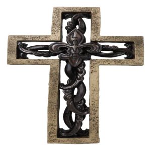 Rustic Faux Stone Fleur De Lis French Lily Scrollwork Tuscany Wall Cross