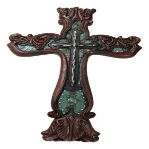 Rustic Faux Wood Carving Floral Scroll With Layered Barbed Wires Wall Cross