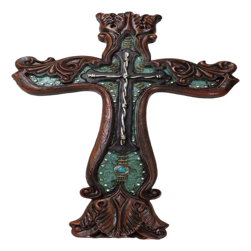 Rustic Faux Wood Carving Floral Scroll With Layered Barbed Wires Wall Cross