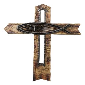 Rustic Horizontal Ichthys Jesus Fish Symbol With Arrows Faux Wooden Wall Cross