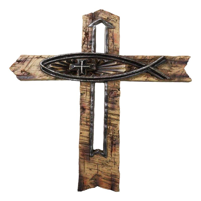 Rustic Horizontal Ichthys Jesus Fish Symbol With Arrows Faux Wooden Wall Cross