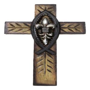Rustic Ichthys Jesus Fish With Fleur De Lis Olive Carving Faux Wood Wall Cross