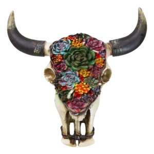 Rustic Southwest Bull Cow Skull With Floral Cactus Succulents Wall Decor Plaque