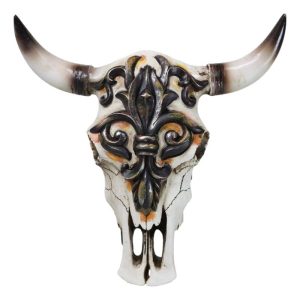 Rustic Western Tooled Fleur De Lis French Lily Emblem Cow Skull Wall Decor