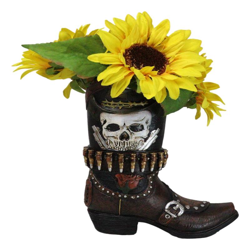 Rustic Western Wild West Skull with Dual Pistols Bullets Cowboy Boot Vase Holder