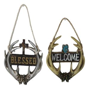 Set of 2 Rustic Western Deer Antlers Blessed And Welcome Wall Signs Ornaments