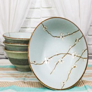Set Of 4 Japan Made Sakura Cherry Blossoms Porcelain Ramen Soup Large Bowls 46oz