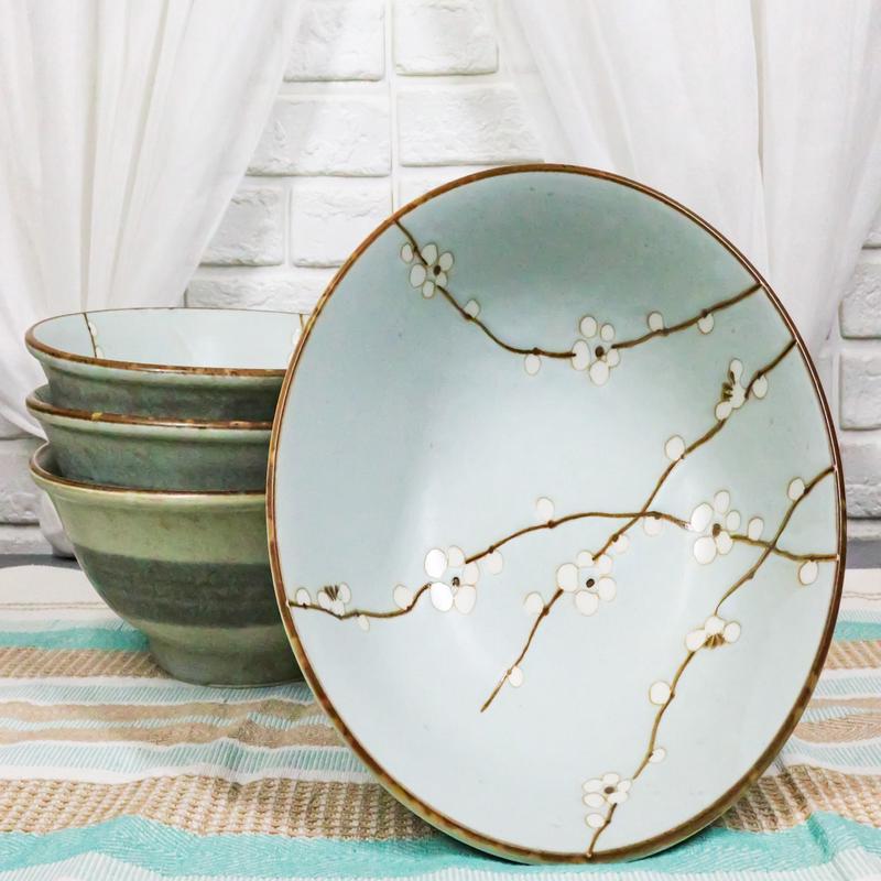 Set Of 4 Japan Made Sakura Cherry Blossoms Porcelain Ramen Soup Large Bowls 46oz