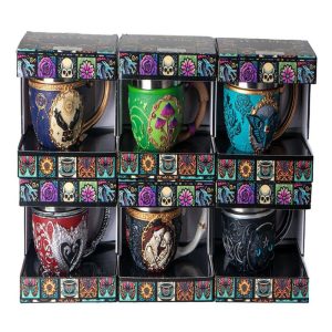 Set Of 6 Colorful Cameo Tarot Moth Skeletons Dragons Cat Magic Tea Cup Mugs
