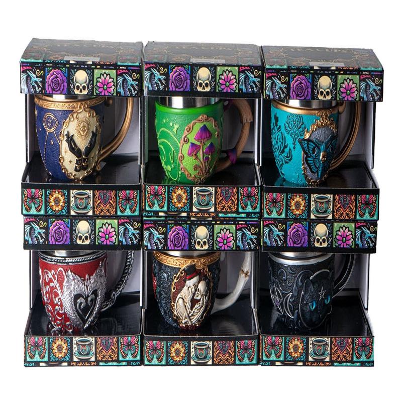 Set Of 6 Colorful Cameo Tarot Moth Skeletons Dragons Cat Magic Tea Cup Mugs