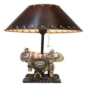 Southwestern Navajo Indian Chief Skull Headdress Cowboy Horse Saddle Table Lamp