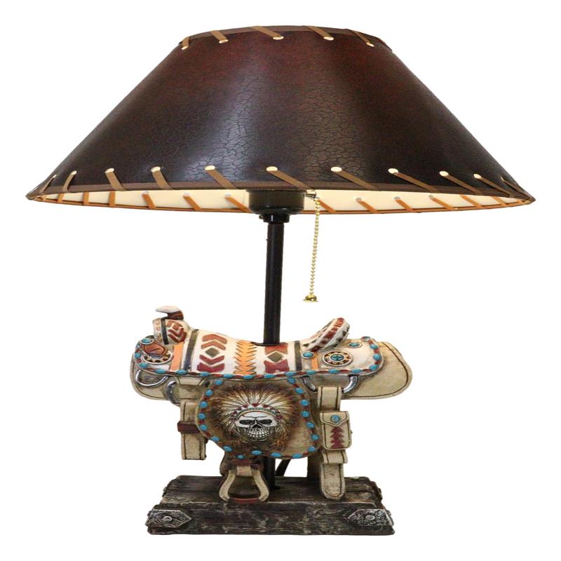 Southwestern Navajo Indian Chief Skull Headdress Cowboy Horse Saddle Table Lamp