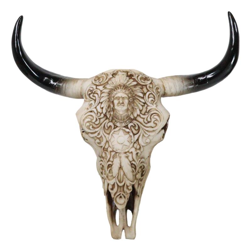 Southwestern Tribal Buffalo Skull Tribal Indian Chief Scrollwork Wall Decor
