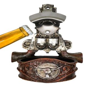 Western Cowboy 2 Gun Pistols Silver Texas Longhorn Concho Wall Bottle Cap Opener