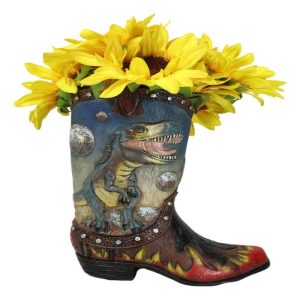 Western Prehistoric T-Rex Dinosaur With Volcano Faux Leather Cowboy Boot Vase