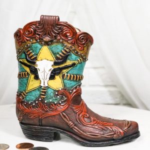 Western Star Texas Longhorn Colorful Faux Tooled Leather Cowboy Boot Money Bank