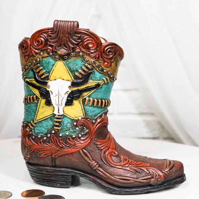 Western Star Texas Longhorn Colorful Faux Tooled Leather Cowboy Boot Money Bank