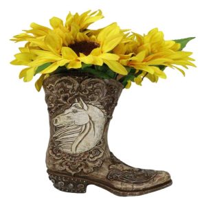 Western Wild Horse with Floral Scrollwork Faux Wood Cowboy Boot Vase Holder