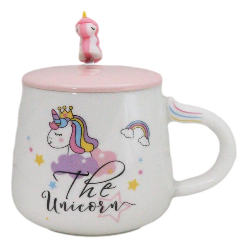 White Whimsical Crowned Unicorn Rainbow Shooting Star Mug With Spoon And Lid