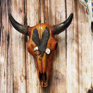10.5"L Western Southwest Steer Bison Bull Cow Skull With Bald Eagle Wall Decor