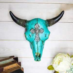 10.5"W Turquoise Southwest Steer Bison Bull Cow Skull Silver Cross Wall Decor