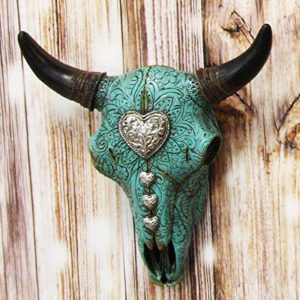 10"L Southwest Steer Bison Bull Cow Skull Turquoise With Scroll Heart Wall Decor