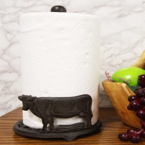 Cast Iron Rustic Holstein Cow With Scroll Art Kitchen Paper Towel Holder Stand