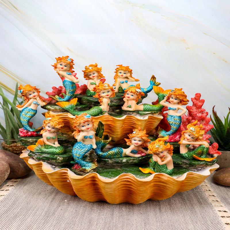 Colorful 2 Tier Golden Giant Clam Shells LED Display Stand With 12 Mini Mergirls