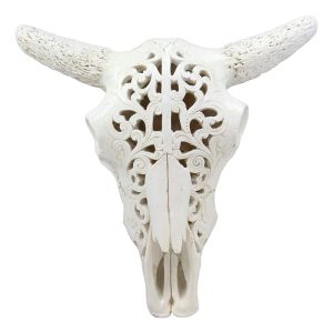Ebros 10.5" Wide Southwest Off White Steer Bison Buffalo Bull Cow Horned Skull Head with Lace Filigree Design Hanging Wall Mount Decor