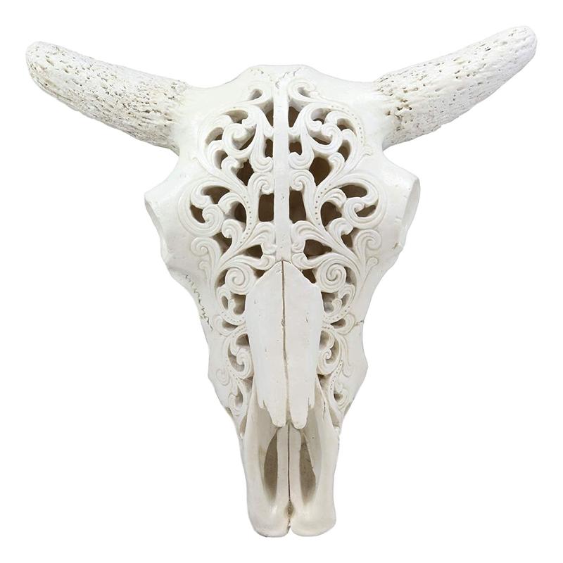 Ebros 10.5" Wide Southwest Off White Steer Bison Buffalo Bull Cow Horned Skull Head with Lace Filigree Design Hanging Wall Mount Decor