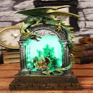 Ebros 10.75"H Green Emerald Dragon On Celtic Columns Statue With LED Night Light