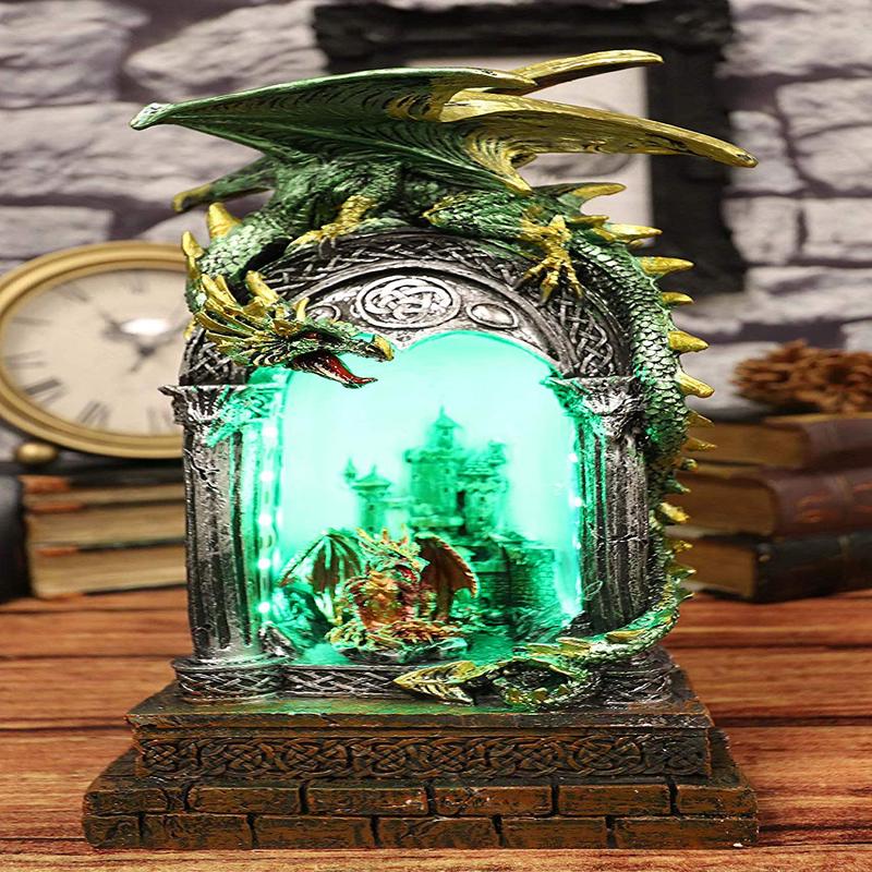 Ebros 10.75"H Green Emerald Dragon On Celtic Columns Statue With LED Night Light