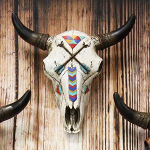 Ebros 10.75" High Western Southwest Steer Bison Buffalo Bull Cow Horned Skull Head with Two Crossed Arrows and Geometric Pyramids Design Wall Mount Decor