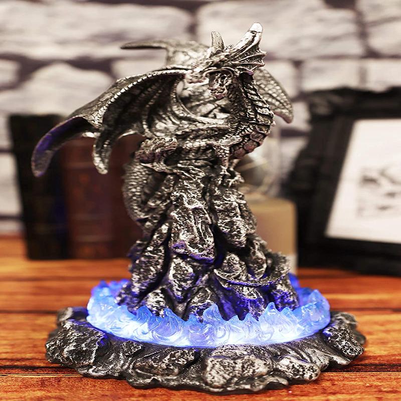 Ebros 10"H Volcano Blue Magma Dragon On Rock Tower Figurine with LED Night Light