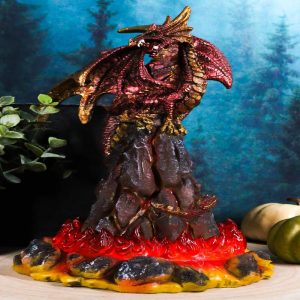 Ebros 10" H Volcano Red Fire Dragon On Rock Tower Figurine with LED Night Light