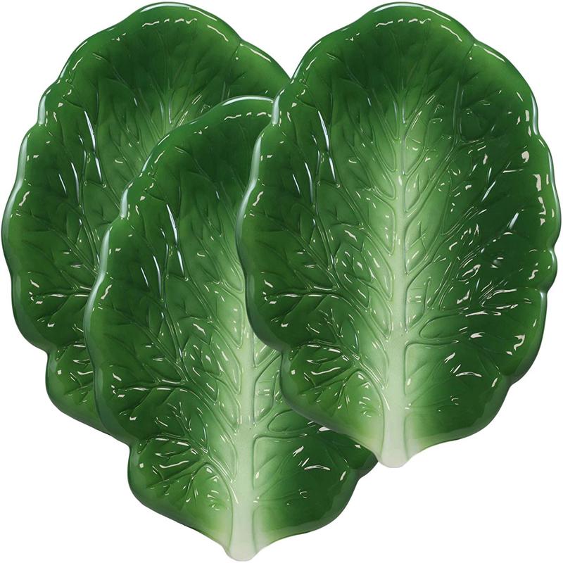 Ebros 10"L Ceramic Fresh Hearty Collard Green Leaf Shaped Serving Plate SET OF 3